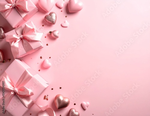Pink gift boxes with ribbons and various heart-shaped decorations arranged on a soft pink background.