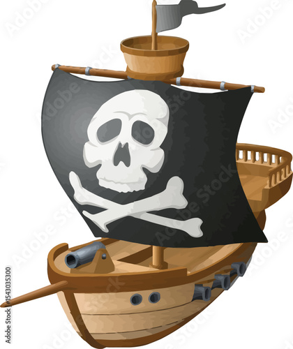 Pirate Ship Illustration: A classic pirate ship with a skull and crossbones flag sails on the open sea, ready for adventure.