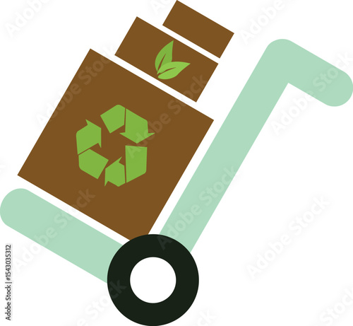 Recycling Cart Icon: An illustration of a handcart carrying recycling boxes with recycle and leaf symbols, representing eco-friendly waste management and sustainability.