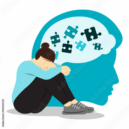 Depressed woman with puzzle pieces representing mental states.