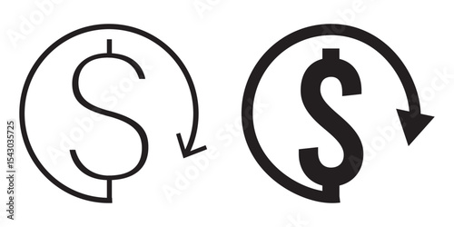 Dollar sign with downward arrow symbolizes cost savings. Dollar down icon. Cost reduction icon. Vector. Isolated.