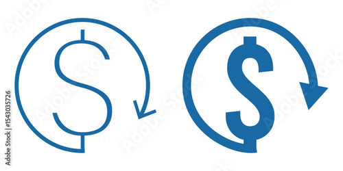 Dollar sign with downward arrow symbolizes cost savings. Dollar down icon. Cost reduction icon. Vector. Isolated.