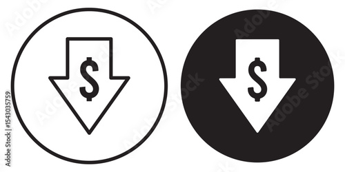 Dollar sign with downward arrow symbolizes cost savings. Dollar down icon. Cost reduction icon. Vector. Isolated.