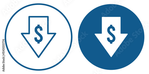Dollar sign with downward arrow symbolizes cost savings. Dollar down icon. Cost reduction icon. Vector. Isolated.