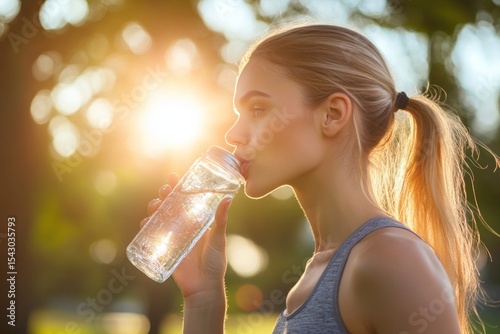 Healthy lifestyle woman sipping water after exercise, sun flare background