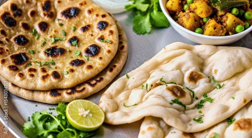 Traditional Homemade Kulcha Indian Flat Bread Butter Naan Alu Matar