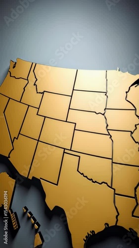 Golden map of the United States showing individual state boundaries on a muted gray background, flat design with shadows