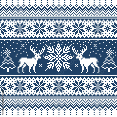 Blue and White Fair Isle Christmas Reindeer Pattern