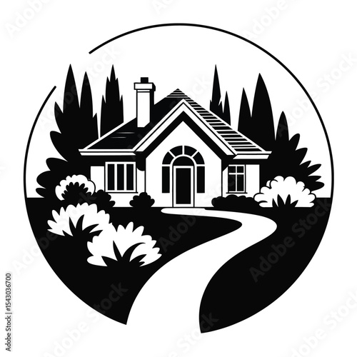 Black And White House Drawing Landscaped Yard Path home 1