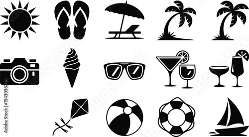 Summer Vacation Icon Set Tropical Beach Elements in Black Silhouette Style