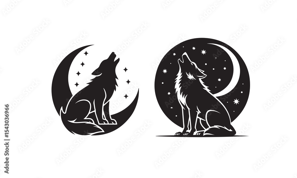 Fototapeta premium Two Black Wolves Howling at Crescent Moons Stars Vector Illustration