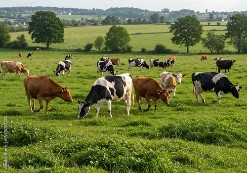 Cows grazing in green pasture farmland