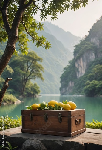 Wooden box filled with lemons by the tranquil river in nature  