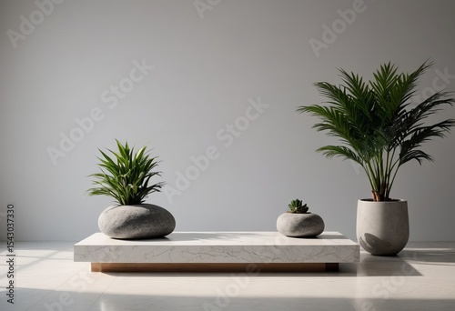 Modern interior design with plants and stone decor on pedestal  