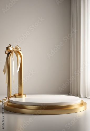 Elegant golden podium with white circular base and ribbon accents  