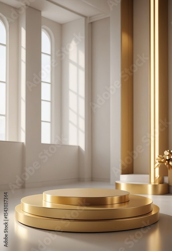 Elegant golden podium with modern design in bright interior  