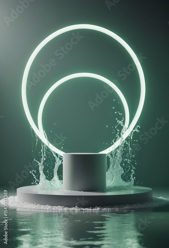 Abstract podium with glowing circles and water splashing in dark setting  