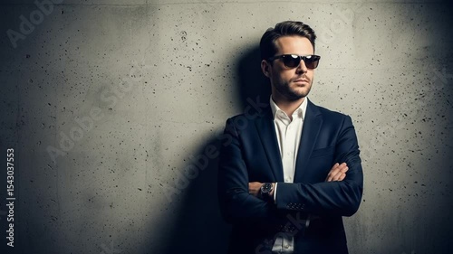 Confident Man in Dark Suit and Sunglasses Posing Against Gray Concrete Wall with Arms Crossed Under Bright Sunlight and Sharp Shadows
