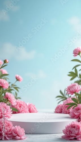 Round pedestal surrounded by pink flowers under blue sky