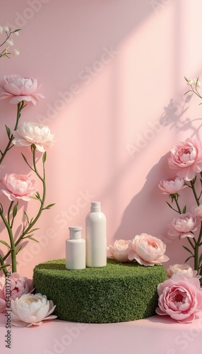 Scenic podium surrounded by colorful flowers in a lush valley  