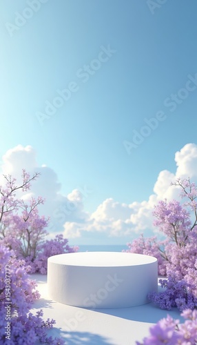 White podium surrounded by pink flowers under blue sky  
