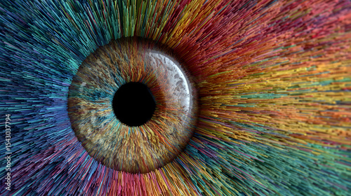 Human multicolored iris of the eye animation concept. Rainbow lines after a flash scatter out of a bright white circle and forming volumetric a human eye iris and pupil. 3d rendering background in 4K
