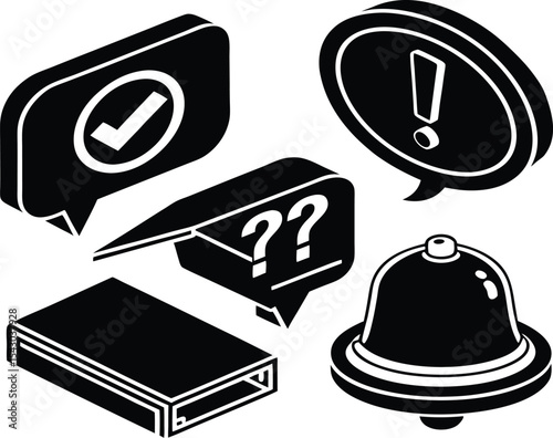 a collection of social media icons symbols in black on a white background, showcasing wealth, commerce, and banking themes question mark message bell