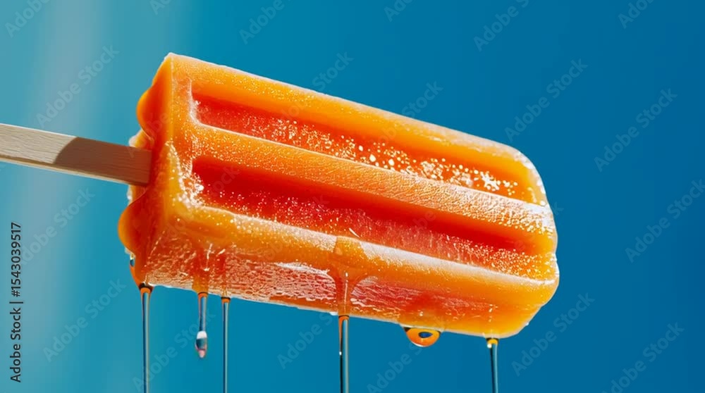 Un helado de naranja de hielo derritiéndose sobre fondo azul