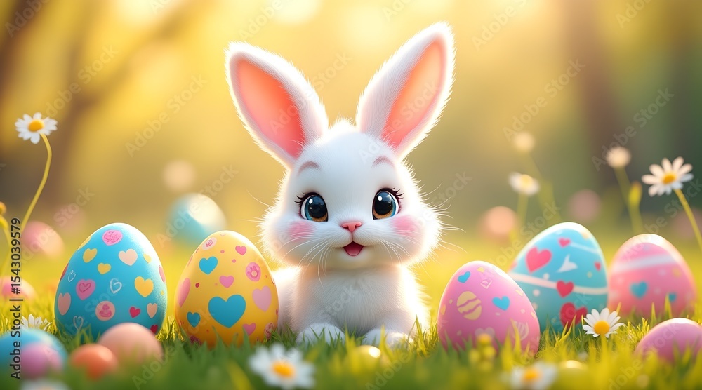 Obraz premium Adorable easter bunny with colorful eggs in spring meadow