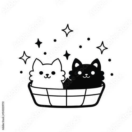 kawaii fluffy kittens in basket vector illustration for cat day.