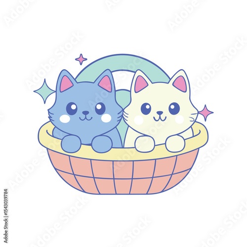 kawaii fluffy kittens in basket vector illustration for cat day.