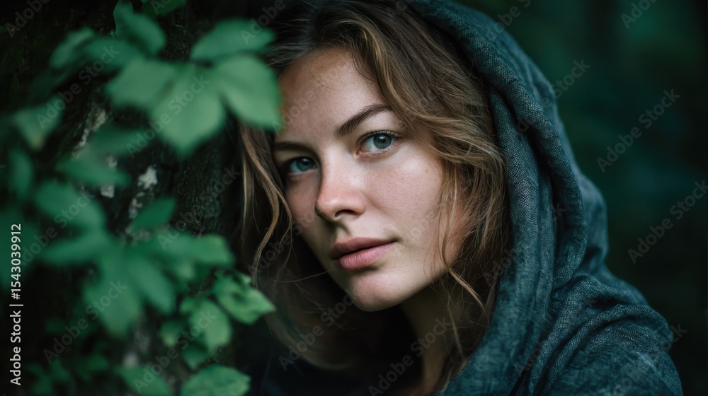A beautiful young woman with a hooded sweater stands near green foliage, looking thoughtfully at the camera in a natural outdoor environment with soft lighting. A beautiful young woman with a hooded sweater stands near green foliage, looking thoughtfully at the camera in a natural outdoor environment with soft lighting.