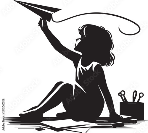 Young kid Launching Paper Airplane Silhouette Design Illustration for Childhood Dreams and Aspirations