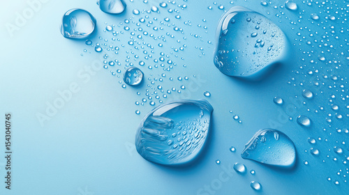 Crystal-clear water droplets create refreshing patterns across smooth blue liquid surface background.