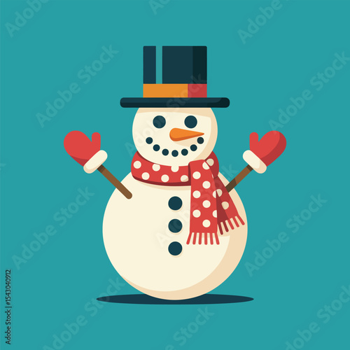 Flat Design Snowman Teal Background Red Mittens Polka Dot Scarf Top Hat winter christmas