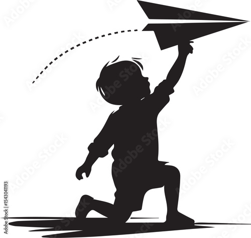 Young kid Launching Paper Airplane Silhouette Design Illustration for Childhood Dreams and Aspirations