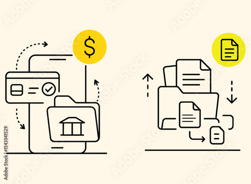  Finance and File Management Icon Set Line Art Vector for Mobile Banking and Cloud Document Systems
