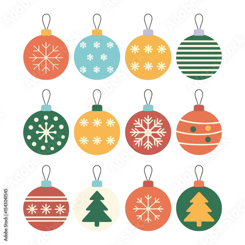 Twelve Stylized Christmas Ornaments Red Green Yellow Blue Orange White bauble ball
