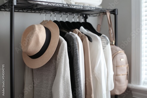 Cozy neutral sweaters and hats on rack with suitcase in minimal interior setting. concept of minimalist fashion. Minimalist Capsule Wardrobe for Travel photo
