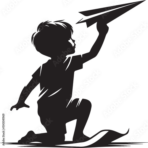 Young kid Launching Paper Airplane Silhouette Design Illustration for Childhood Dreams and Aspirations