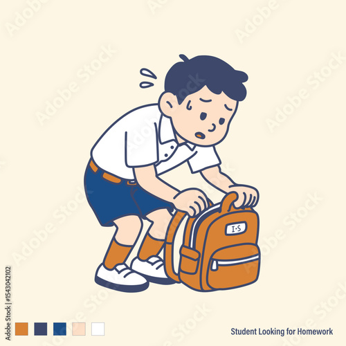 A boy Student Looking for Homework in the backpack