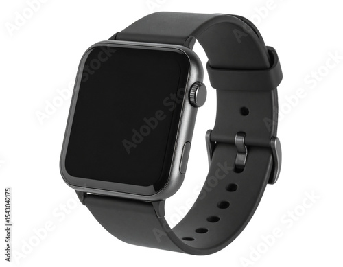 wrist smart watch mockup with black strap, png file of isolated cutout object with shadow on transparent background