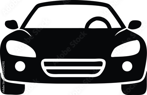 Minimal vector icon in black and white showing front view of convertible sports car with open roof, ideal for representing luxury automotive, sleek design, and transport concepts