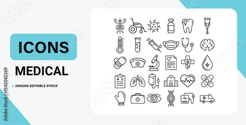 Set of medical icon.  Hospital, patient, medicine, pharmacy, nurse, prescription and medical report. Vector illustration
