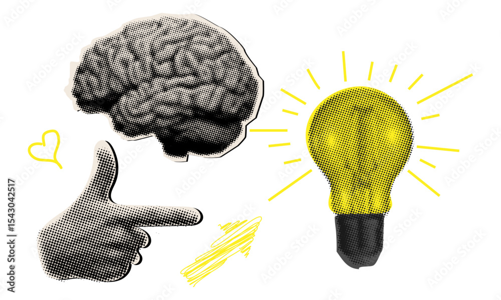 © Emma - Halftone trendy collage with light bulb, hand, arrow, brain, smart thinking concept, brainstorm,cut out elements © Emma - Halftone trendy collage with light bulb, hand, arrow, brain, smart thinking concept, brainstorm,cut out elements