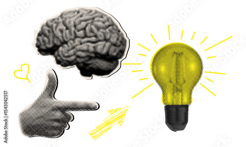 Halftone trendy collage with light bulb, hand, arrow, brain, smart thinking concept, brainstorm,cut out elements