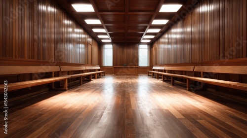 An elegant wooden hallway with polished benches and soft lighting, creating a warm, inviting atmosphere, perfect for relaxation or quiet reflection in an architectural space.