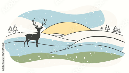 Illustration of a deer in a winter landscape with snow falling and a sun rising over snowy hills and trees