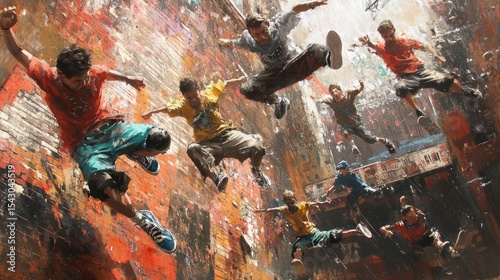 Urban youth jumping, vibrant city scene