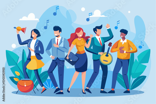 A flat vector illustration of five business people holding large golden stars, symbolizing teamwork, customer satisfaction, five-star ratings, and positive reviews.